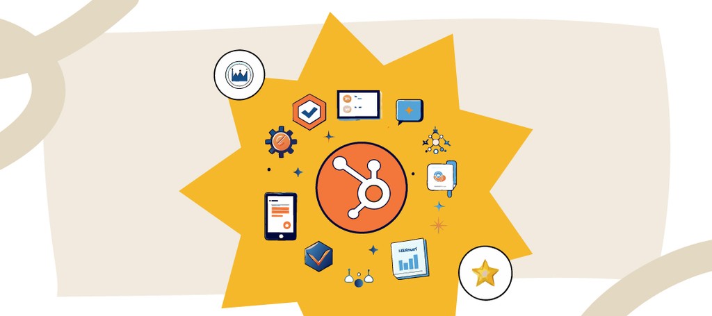 HubSpot logo surrounded by marketing icons on a starburst background.